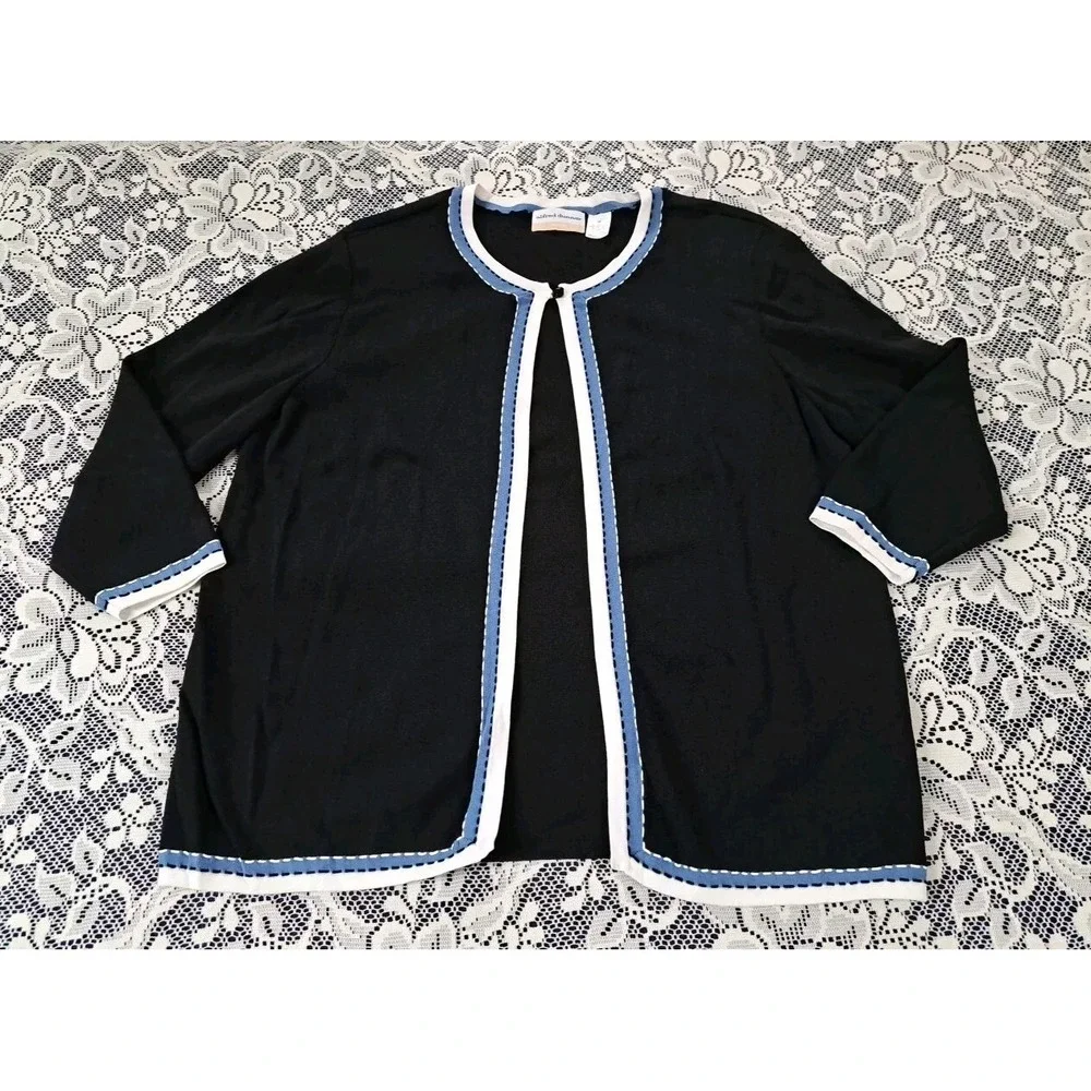 Alfred Dunner Sweater Womens 1X Black/Blue White Trim Two-Fer Cardigan Polyester